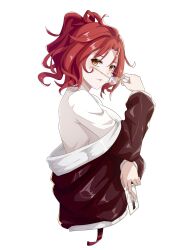  1girl absurdres aill09 brown_jacket card closed_mouth glasses highres holding holding_card honkai_(series) honkai_impact_3rd jacket long_sleeves looking_at_viewer murata_himeko red_hair shirt simple_background smile solo theresa_apocalypse upper_body white_background white_shirt yellow_eyes 