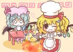  :o ;d adapted_costume apple apron bat_wings blonde_hair blue_hair blush blush_stickers candy chair chef_hat cherry chibi chocolate chocolate_bar cooking fang fire flandre_scarlet food fork fruit gloom_(expression) grapes happy hat heart knife ladle lollipop multiple_girls o_o open_mouth oven_mitts red_eyes remilia_scarlet short_hair siblings side_ponytail sisters sitting smile south114 table touhou trembling wings wink wok 