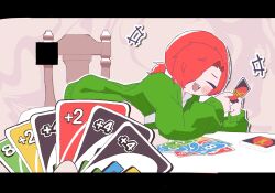 2boys :d blush cardigan chair closed_eyes green_cardigan hair_over_one_eye highres indoors kohaku7ydk laughing mitsudomoe_koubou_(series) multiple_boys oshi_no_taisetsuna_hito_ni_narikawaru playing_card_game playing_games ponytail red_hair sharp_teeth short_hair smile solo_focus teeth tonimura_yui uno_(game) 