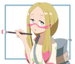 1girl :o bag blonde_hair bright_pupils collarbone commentary_request eyelashes facepaint grey_bag grey_eyes half-closed_eyes hand_up holding holding_paintbrush long_hair looking_at_viewer mina_(pokemon) niwaka_(nininiwawaka) open_mouth paintbrush pokemon pokemon_sun_and_moon shirt sidelocks solo upper_body white_background white_pupils 