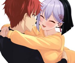  1boy 1girl :d absurdres akashiya_yuu arm_across_waist arms_around_neck black_hair blush breasts character_request commentary_request couple crack_lack_good_luck dutch_angle face-to-face facing_another grey_hair hair_behind_ear hair_between_eyes hair_ornament happy hetero highres hug large_breasts long_sleeves looking_at_another medium_hair multicolored_hair official_artist_extra open_mouth orange_hair short_hair simple_background smile spiky_hair straight_hair sweater tassel tassel_hair_ornament teeth tft_(tft7822) two-tone_hair upper_body upper_teeth_only white_background yellow_eyes yellow_sweater 