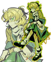  1girl anger_vein arm_rest arms_on_knees blonde_hair closed_mouth commentary_request crossed_legs frown full_body green_eyes half_updo highres holding holding_nail invisible_chair looking_at_viewer medium_hair mizuhashi_parsee nail_(hardware) ponytail profile puffy_short_sleeves puffy_sleeves scarf shiri_fusang shirt shoes short_ponytail short_sleeves sitting skirt socks solo touhou white_background zoom_layer 