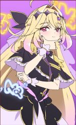  1girl antenna_hair black_bow black_nails black_ribbon blonde_hair blush bow brooch closed_mouth cure_arcana_shadow diamond_hairband eyelashes frills hair_between_eyes hair_intakes hair_ornament hair_ribbon hairclip hand_on_own_chin heart jewelry long_hair looking_at_viewer magical_girl meitantei_precure! moria_luluka multicolored_hair nail_polish pink_hair precure ribbon solo very_long_hair xubai 