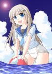  ball bat beachball blonde_hair blue_eyes blush cloud hair_ornament hairclip happy highres leaning_forward lens_flare little_busters!! long_hair luckluck no_pants noumi_kudryavka outdoors school_swimsuit school_uniform serafuku silver_hair sky solo submerged sun swimsuit swimsuit_over_clothes swimsuit_under_clothes wading water white_school_swimsuit 