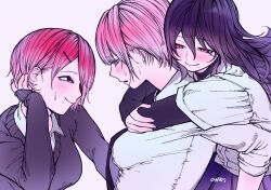  3girls arms_around_neck black_sweater closed_mouth collared_shirt commentary_request girl_sandwich grey_background hair_behind_ear highres hug hug_from_behind long_hair mole mole_under_eye mole_under_mouth multiple_girls original parted_lips pink_eyes pink_hair purple_hair purple_skirt sandwiched school_uniform shirt short_hair simple_background skirt smile sweatdrop sweater valentine_(02140314c) violet_eyes white_shirt yuri 