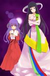  black_hair crossover featherine_augustus_aurora hanyuu highres higurashi_no_naku_koro_ni horns japanese_clothes jont long_hair miko multiple_girls purple_eyes purple_hair umineko_no_naku_koro_ni very_long_hair violet_eyes 