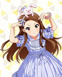  1girl arms_up brown_hair card_commentary closed_mouth commentary_request cowboy_shot dress fairy_tale_girly_(idolmaster) frilled_dress frilled_sleeves frills game_asset hairband idolmaster idolmaster_(classic) idolmaster_million_live! idolmaster_million_live!_theater_days long_hair looking_at_viewer minase_iori official_alternate_costume official_art pajamas purple_dress purple_hairband red_eyes short_sleeves smile solo standing stuffed_animal stuffed_rabbit stuffed_toy stuffed_toy_on_head third-party_source usa-chan_(idolmaster) v-shaped_eyebrows 