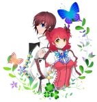  blue_eyes bow brooch brown_hair buckle butterfly cheria_barnes clover coat couple flower heart highres jewelry red_hair redhead ribbon short_hair short_twintails smile tales_of_(series) tales_of_graces twintails yellow_eyes yuzu_koneko 