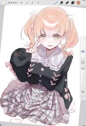  1girl :d art_program_in_frame bag black_cardigan black_shoes breasts cardigan collared_shirt cropped_cardigan dkou foot_out_of_frame frilled_shirt_collar frills green_eyes grey_skirt hair_ribbon heart highres hinoshita_kaho hinoshita_kaho_(birthday_jirai_kei) long_sleeves looking_at_viewer love_live! love_live!_hasu_no_sora_jogakuin_school_idol_club medium_breasts medium_hair miniskirt open_mouth orange_hair pink_bag pink_ribbon plaid_clothes plaid_skirt procreate_(medium) ribbon shirt shoes simple_background skirt smile socks solo speech_bubble spoken_heart twitter_username unfinished v virtual_youtuber white_background white_shirt white_socks 