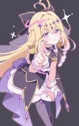  1girl antenna_hair black_bow black_capelet black_dress blonde_hair blush bow brooch capelet cure_arcana_shadow diamond_hairband dress frilled_capelet frilled_cuffs frills gradient_hair hair_intakes heart heart_brooch highres jewelry long_hair looking_at_viewer magical_girl meitantei_precure! moria_luluka multicolored_hair nyangmomil open_mouth pointing pointing_at_viewer precure purple_veil purple_wrist_cuffs simple_background solo veil very_long_hair violet_eyes wrist_cuffs 