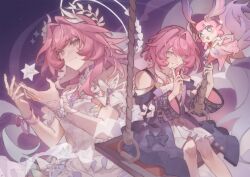  2girls bare_shoulders blue_eyes coat cyrene_(demiurge)_(honkai:_star_rail) cyrene_(honkai:_star_rail) cyrene_(philia093)_(honkai:_star_rail) dress dress_flower ens104 feet_out_of_frame finger_to_mouth fingernails flower grin hair_intakes hair_ornament halo halo_behind_head highres honkai:_star_rail honkai_(series) jewelry leaf_hair_ornament long_hair long_sleeves mem_(honkai:_star_rail) multiple_girls nail_polish neck_flower necklace pink_hair pink_nails purple_coat purple_dress purple_sleeves ribbon short_hair sitting skirt smile swing upper_body violet_eyes white_dress white_halo white_skirt wide_sleeves wrist_ribbon 