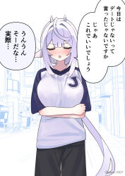  1girl :o animal_ears arms_under_breasts black_pants blush breasts building closed_eyes crossed_arms day facing_viewer grey_hair hair_between_eyes highres horns large_breasts long_hair open_mouth original outdoors pants raglan_sleeves shirt short_sleeves solo translation_request v-shaped_eyebrows very_long_hair white_shirt zenshin 
