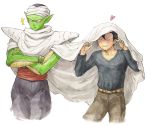  2boys adzombie blush cape dragon_ball dragon_ball_z green_skin heart male multiple_boys o_o piccolo pointy_ears sash son_gohan sweatdrop turban under_clothes 