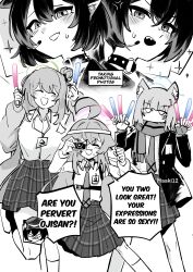  5girls absurdres animal_ears ayane_(blue_archive) ayane_(idol)_(blue_archive) blue_archive cat_ears cat_girl commentary english_commentary english_text greyscale headset highres hoshino_(blue_archive) maaki12 monochrome multiple_girls nonomi_(blue_archive) official_alternate_costume open_mouth partially_colored pointy_ears serika_(blue_archive) serika_(idol)_(blue_archive) shiroko_(blue_archive) smile speech_bubble thighs 
