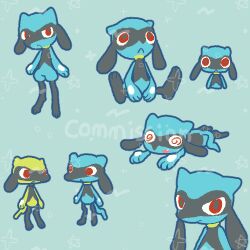  :< :o @_@ alternate_color animal_focus black_fur blue_fur chibi chibi_inset commission fang full_body green_background joo_gumoon looking_at_another looking_at_viewer lowres multiple_views no_humans open_mouth pokemon pokemon_(creature) pokemon_focus red_eyes riolu shiny_and_normal shiny_pokemon simple_background sitting snout standing two-tone_fur yellow_fur 