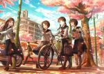  bicycle cherry_blossoms city cloud fuji_choko girl happy highres multiple_girls original petals school_uniform serafuku sky street train tree walking 