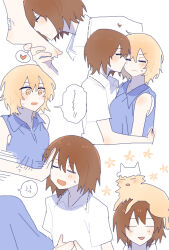  2girls absurdres anger_vein animal_on_head bandaid barefoot blonde_hair blue_shirt blush brown_hair cat cat_on_head closed_eyes collared_shirt commentary from_side hat heart highres kiss kissing_cheek kissing_foot maribel_hearn maribel_hearn_(cat) medium_hair missing_headwear mob_cap multiple_girls on_head open_mouth pushing_away rog_33 shirt sleeveless sleeveless_shirt speech_bubble spoken_anger_vein sweatdrop touhou usami_renko white_shirt yellow_eyes yuri 