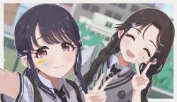  2girls :3 black_hair blue_hair blush braid cityscape closed_eyes collared_shirt fukumaru_koito hair_ornament hairclip highres idolmaster idolmaster_shiny_colors idolmaster_shiny_colors_song_for_prism low_twin_braids mitsumine_yuika multiple_girls multiple_hairclips official_alternate_costume open_mouth pippo_(pippo314) shirt smile sticker sticker_on_face sweater_vest twin_braids v violet_eyes 
