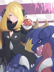  1girl black_coat black_collar black_shirt blonde_hair closed_mouth coat collar commentary_request cynthia_(pokemon) eyelashes fur_collar garchomp grey_eyes hair_ornament hair_over_one_eye hand_up highres holding holding_poke_ball long_hair long_sleeves looking_at_viewer poke_ball poke_ball_(basic) pokemon pokemon_(creature) pokemon_diamond/pearl/platinum shakepuri_purin shirt 