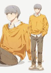  1boy absurdres brown_sweater collared_shirt commentary grey_eyes grey_hair highres male_focus moobki narukami_yu pants persona persona_4 persona_4_revival shirt short_hair solo sweater untranslatable_commentary 