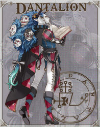  1boy awii black_cape black_eyes blue_hair book boots braid cape carnival_mask colored_skin full_body grey_background grey_skin holding holding_book holding_mask horns jester_costume juliet_sleeves long_hair long_sleeves looking_at_viewer looking_back low-tied_long_hair male_focus mask neck_ruff original pointy_ears puffy_sleeves solo very_long_hair zoom_layer 