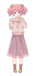  1girl absurdres blush boots brown_boots candy chocolate closed_mouth collarbone commentary_request dot_nose drawstring food full_body grey_hoodie grey_skirt hair_ribbon heart heart-shaped_chocolate heart-shaped_food highres holding holding_chocolate holding_food hood hood_down hoodie kaname_madoka long_sleeves looking_at_viewer mahou_shoujo_madoka_magica mahou_shoujo_madoka_magica_(anime) pink_hair pleated_skirt red_ribbon ribbon ruru_(rurumagi) short_hair short_twintails simple_background skirt smile solo standing twintails white_background 
