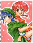  blue_eyes blue_hair braid china_dress chinese_clothes genderswap hat locked_arms oekaki ranma-chan ranma_1/2 red_eyes red_hair redhead saotome_ranma star taka_civic 