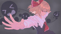  1girl :p absurdres ascot black_vest blonde_hair commentary english_commentary frills hair_ribbon highres jishui3q looking_at_viewer medium_hair outstretched_arms red_ascot red_eyes red_ribbon ribbon rumia shirt smile tongue tongue_out touhou vest white_shirt 