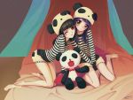  bangs barefoot black_hair blunt_bangs blush_stickers brown_eyes hat hat_with_ears legs long_hair multiple_girls original panda purple_hair red_eyes shorts socks striped stuffed_animal stuffed_toy wink yu_li 