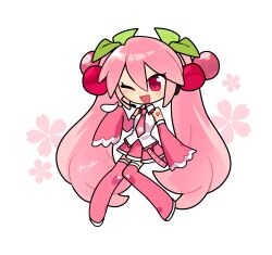  1girl boots cherry cherry_blossoms cherry_hair_ornament cio_(ciosui) commentary detached_sleeves english_commentary food food-themed_hair_ornament fruit hair_ornament hatsune_miku highres necktie one_eye_closed pink_boots pink_hair pink_necktie pink_skirt pink_sleeves pink_thighhighs red_eyes sakura_miku simple_background skirt solo thigh-highs twintails vocaloid white_background 