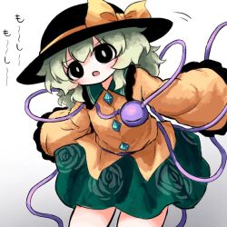  1girl black_eyes black_hat blush bow bright_pupils buttons collared_shirt commentary diamond_button disembodied_linked_eye eyeball floral_print frilled_shirt_collar frilled_sleeves frills gradient_background green_hair green_skirt grey_background hat hat_bow heripantomorrow komeiji_koishi long_hair long_sleeves open_mouth print_skirt rose_print shirt skirt sleeves_past_fingers sleeves_past_wrists solo touhou translation_request untranslatable_commentary white_pupils wide_sleeves yellow_bow yellow_shirt 