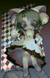  1girl animal_hands animal_hat apron bell black_dress cat_hat commentary dejiko di_gi_charat dress english_commentary frilled_apron frilled_dress frills gloves green_hair hair_bell hair_ornament hat highres holding holding_mop jingle_bell mop neck_bell nekowase open_mouth paw_gloves puffy_short_sleeves puffy_sleeves short_hair short_sleeves smile solo white_apron 
