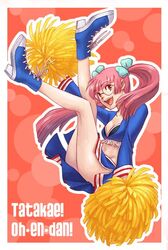  cheerleader glasses hair_bow kanda_aoi legs lynchee osu!_tatakae!_ouendan pink_eyes pink_hair pom_poms skirt twintails 