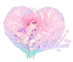  1girl artist_request bare_shoulders blue_hair breasts commission cyrene_(demiurge)_(honkai:_star_rail) cyrene_(honkai:_star_rail) dress flower gradient_hair green_hair hair_flower hair_ornament heart heart-shaped_hair honkai:_star_rail honkai_(series) infinity_symbol long_hair multicolored_dress multicolored_hair multicolored_ribbon neck_flower pink_hair pointy_ears ribbon second-party_source smile solo upper_body very_long_hair violet_eyes white_background white_dress white_hair wrist_flower wrist_ribbon 