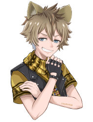  1boy blue_eyes brown_hair cropped_torso dated fingerless_gloves gloves grin hair_between_eyes highres hyena_boy looking_at_viewer male_focus matarou2_(suzuki2p) ruggie_bucchi scarf shirt short_hair simple_background smile solo twisted_wonderland white_background yellow_scarf yellow_shirt 