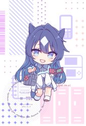  1girl animal_ears bag blue_eyes blue_shirt blush bow cardigan cardigan_around_waist cellphone chibi clothes_around_waist commentary_request flip_phone grey_bow grey_skirt hair_between_eyes holding holding_phone horse_ears horse_girl horse_tail koruri long_hair looking_at_viewer multicolored_hair open_mouth phone pleated_skirt school_bag school_uniform shirt skirt smile socks solo tail umamusume verxina_(umamusume) white_cardigan white_socks 