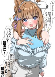  1girl absurdres almond_eye_(umamusume) animal_ears blush breasts brown_hair commentary_request highres horse_ears horse_girl large_breasts long_hair looking_at_viewer multicolored_hair open_mouth shikimiya_life simple_background smile solo streaked_hair translated umamusume white_background 