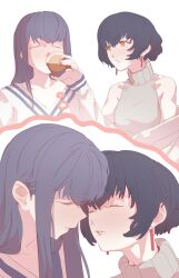  2girls alcohol black_hair brown_eyes chang_chin-lan closed_eyes commentary cup drinking earrings grey_sweater gujyo_kanade highres holding holding_cup imagining jewelry kamiina_botan_yoeru_sugata_wa_yuri_no_hana long_hair looking_at_another marcer multiple_girls purple_hair shirt short_hair simple_background sleeveless sleeveless_sweater sweater turtleneck turtleneck_sweater whiskey white_background white_shirt yuri 