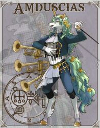  1boy animal_feet ascot awii black_jacket body_fur conductor conductor_baton cropped_jacket full_body furry furry_male green_hair grey_background hooves horns horse_boy instrument jacket long_hair looking_at_viewer male_focus orange_eyes original single_horn solo standing tail trumpet unicorn_boy white_ascot white_fur zoom_layer 