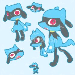  :o animal_focus black_fur blue_fur chibi chibi_inset commission full_body grey_background joo_gumoon looking_at_viewer lowres multicolored_fur multiple_views open_mouth pokemon pokemon_(creature) pokemon_focus red_eyes riolu simple_background snout solo standing two-tone_fur 