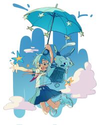  1girl aged_down ascot bag blue_hair blue_sailor_collar blue_umbrella blush blush_stickers charm_(object) clouds commentary_request deformed floating from_side full_body highres holding holding_umbrella hololive hoshimachi_suisei konpan_00 korean_commentary looking_ahead open_mouth pleated_skirt red_ascot sailor_collar school_bag school_uniform serafuku shirt shoes short_hair skirt sky sneakers solo star_(symbol) star_in_eye symbol_in_eye takoyaki_(hoshimachi_suisei) teeth umbrella upper_teeth_only white_shirt wings 