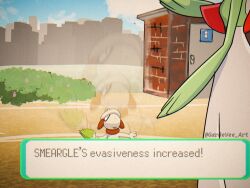  1boy 1girl brown_fur colored_skin dress gardevoir green_skin minimize_(pokemon) mochivee_art multicolored_skin pokemon pokemon_(creature) smeargle two-tone_fur two-tone_skin video_game_dialogue_box white_dress white_skin 
