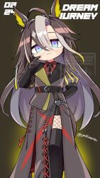  1girl ahoge animal_ears belt black_belt black_boots black_shorts blue_eyes blush boots brown_hair character_name closed_mouth coat collared_shirt commentary_request dream_journey_(reminder_of_dreamland)_(umamusume) dream_journey_(umamusume) eyewear_strap fishnet_pantyhose fishnets glasses gloves grey_coat hair_between_eyes horse_ears horse_girl horse_tail long_hair long_sleeves looking_at_viewer multicolored_hair necktie pantyhose puffy_sleeves red_shirt shirt shorts skirt solo sumikawa_(sumikawa8v) tail thigh_boots umamusume white_hair 
