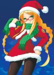  akatsuki_(artist) blonde_hair braid christmas gift glasses green_eyes hat pantyhose santa_costume santa_hat santa_suit twin_braids twintails 