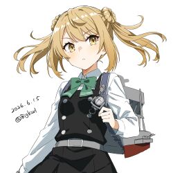  1girl absurdres belt bigkwl black_dress blonde_hair blush bow bowtie buttons collared_shirt commentary_request cowboy_shot dated dated_commentary double-breasted double_bun double_horizontal_stripe dress green_bow green_bowtie grey_belt hair_bun highres kantai_collection long_hair long_sleeves looking_at_viewer michishio_(kancolle) one-hour_drawing_challenge parted_lips pinafore_dress rigging shirt sidelocks simple_background sleeveless sleeveless_dress solo twitter_username white_background white_shirt yellow_eyes 