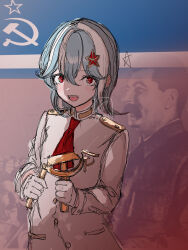  1girl armor ascot breast_pocket breasts coat communism flag_background hair_ornament hammer hammer_and_sickle hearts_of_iron highres holding holding_hammer holding_sickle joseph_stalin multicolored_hair open_mouth original pauldrons photo_background pocket red_ascot red_eyes russia short_hair shoulder_armor sickle small_breasts star_(symbol) star_hair_ornament white_coat yomogita 