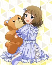  1girl :o blue_eyes brown_hair card_commentary commentary_request dress fairy_tale_girly_(idolmaster) frilled_dress frilled_sleeves frills from_behind full_body game_asset holding holding_stuffed_toy idolmaster idolmaster_million_live! idolmaster_million_live!_theater_days looking_at_viewer looking_back official_alternate_costume official_art open_mouth pajamas purple_dress shoes short_hair short_sleeves sitting solo stuffed_animal stuffed_toy suou_momoko teddy_bear third-party_source turning_head wariza 