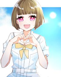  1girl :d blue_background blue_dress blunt_bangs bob_cut commentary dress heart heart_hands highres inverted_bob kachimachi_kosuzu kanduki_kamibukuro looking_at_viewer love_live! love_live!_hasu_no_sora_jogakuin_school_idol_club neckerchief open_mouth sailor_collar sailor_dress short_hair short_sleeves smile solo summer_uniform upper_body virtual_youtuber white_sailor_collar yellow_neckerchief 