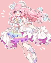  1girl ankle_flower bare_shoulders blue_flower blue_hair breasts cyrene_(demiurge)_(honkai:_star_rail) cyrene_(honkai:_star_rail) dress dress_flower feet_out_of_frame flower gradient_hair hair_flower hair_intakes hair_ornament highres holding_own_dress honkai:_star_rail honkai_(series) jasmine--tea layered_dress leaf_hair_ornament long_hair multicolored_dress multicolored_hair multicolored_ribbon neck_flower open_mouth pink_background pink_flower pink_hair pointy_ears purple_dress ribbon short_sleeves simple_background smile solo very_long_hair violet_eyes white_dress white_hair white_sleeves wrist_flower wrist_ribbon 