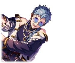  1boy asch_albright black_nails blue_hair bracelet earrings eyewear_strap grey_hair helios_rising_heroes jacket jewelry long_hair long_sleeves looking_at_viewer male_focus necklace non-web_source official_art open_mouth orange_eyes red_eyes shirt short_hair sleeveless sleeveless_shirt smile solo sunglasses teeth tinted_eyewear transparent_background upper_body 